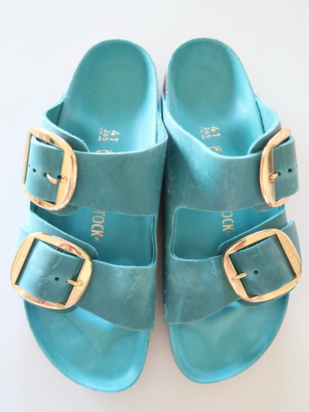 Birkenstock Arizona Big Buckle in Biscay Bay with Gold Buckles